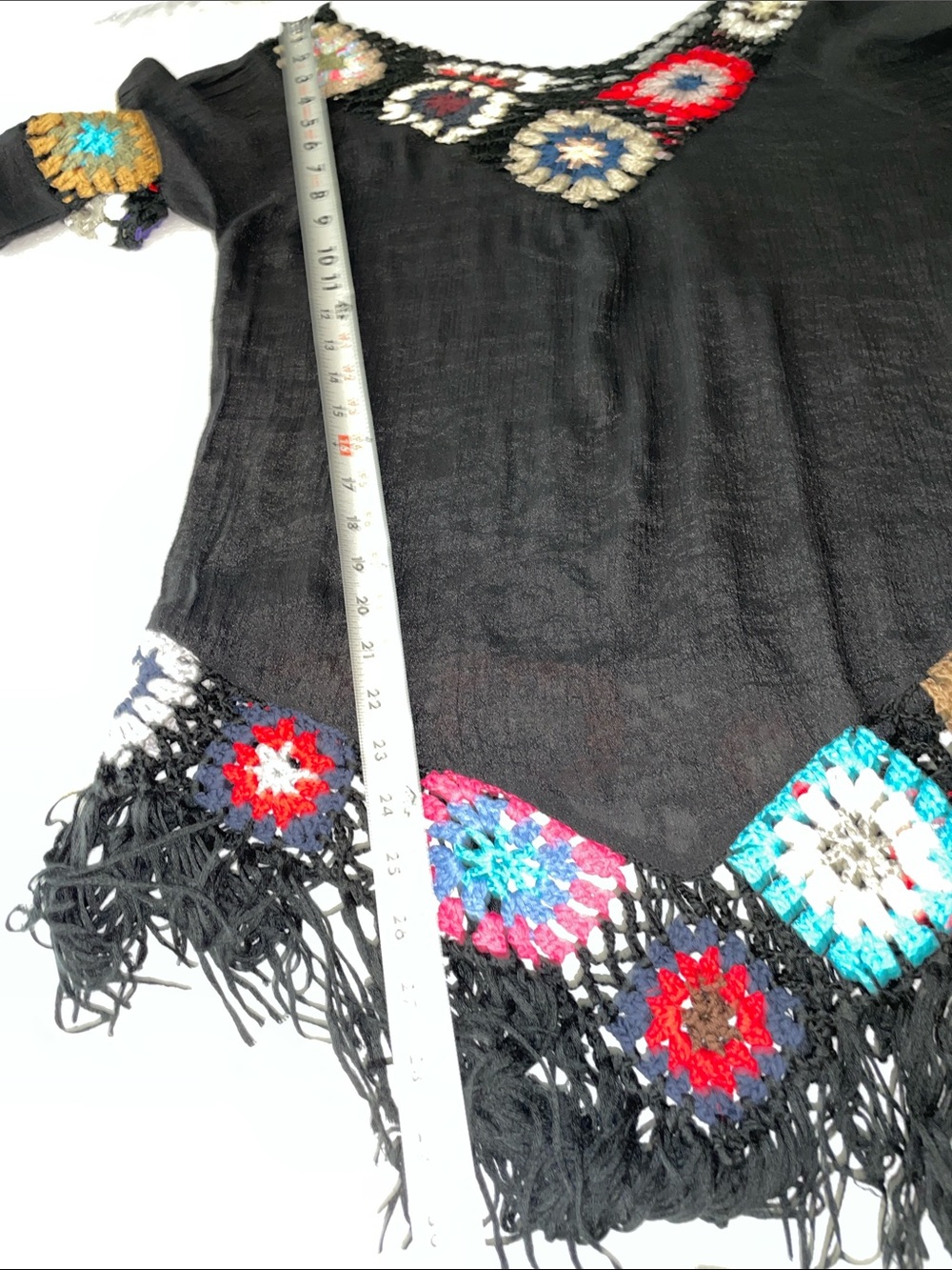Women’s EUC Black Bohemian V-neck tunic granny square crochet accents - Picture 6 of 7